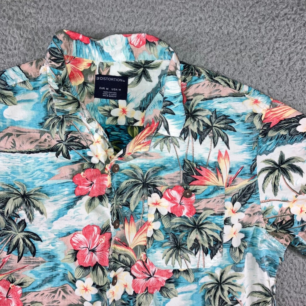 Distortion Hawaiian Shirt Men M Tropical Palm Tree Floral Cotton Button Up Vaca